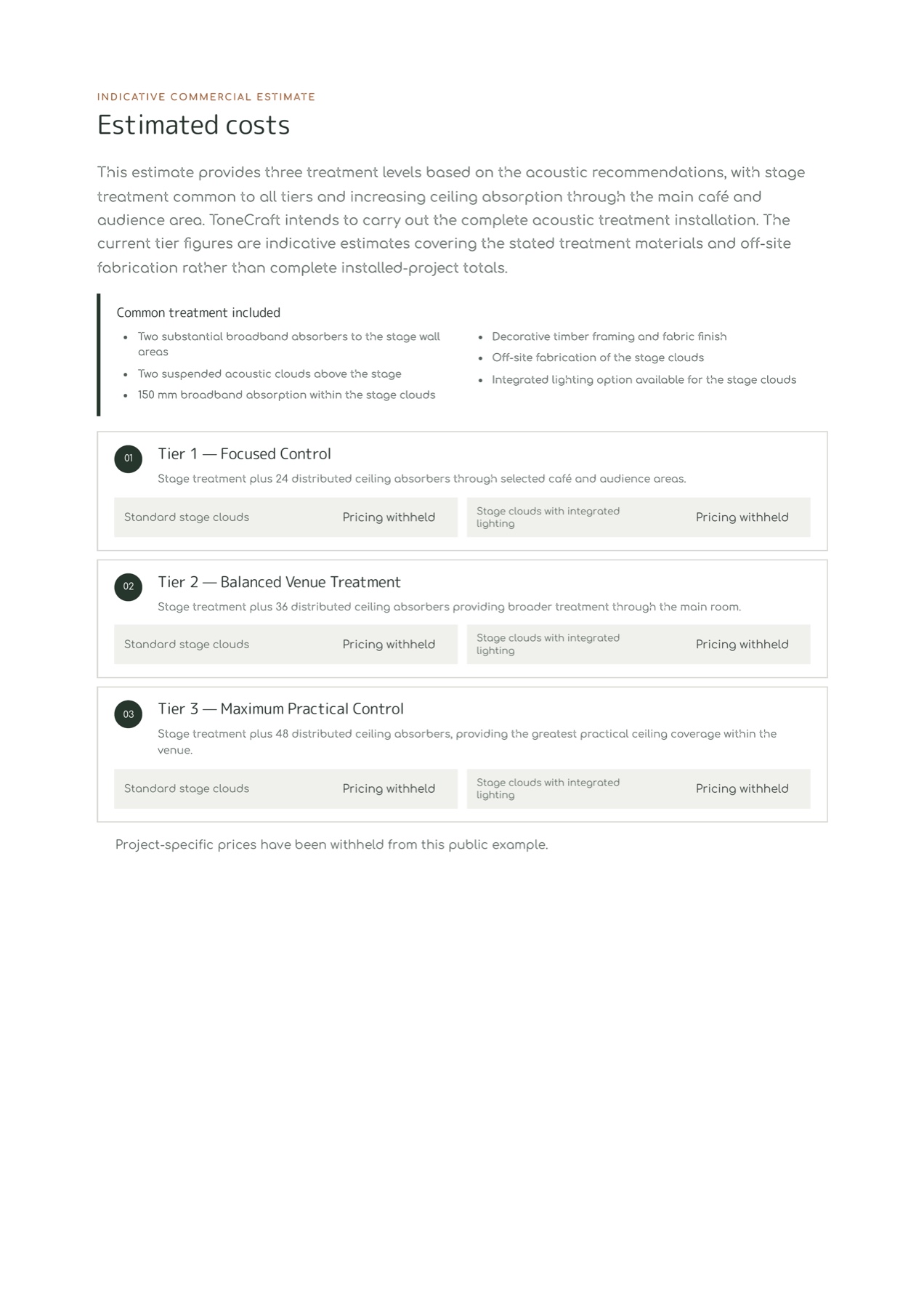 Example report page showing estimated acoustic treatment costs
