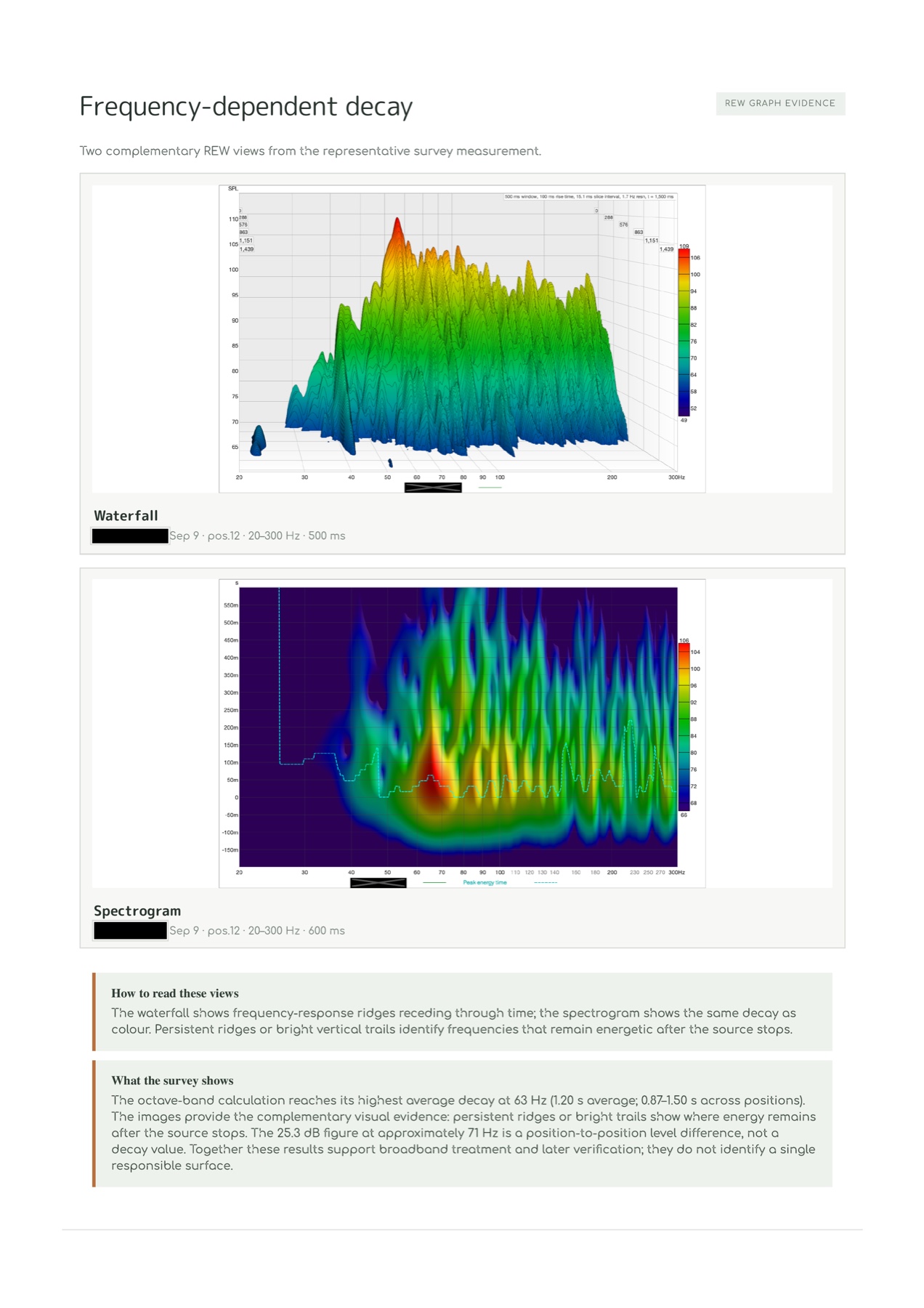 Example report page with acoustic waterfall and spectrogram graphs